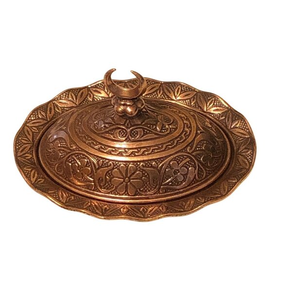 Turkish Coffee Delight Candy Dish Copper Color Ornate Lid and Tray - Picture 10 of 10